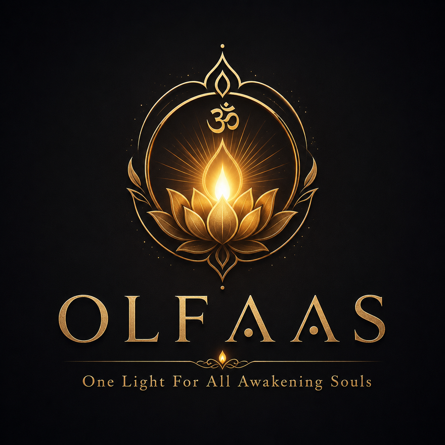 The OLFAAS emblem — a golden lotus holding a flame beneath Om, encircled by light, above the name and tagline